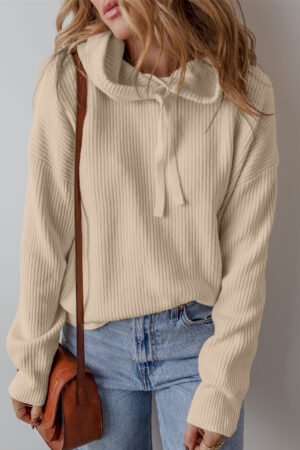 Beige Solid Color Drawstring Hooded Drop Shoulder Pullover Sweater - Image 4