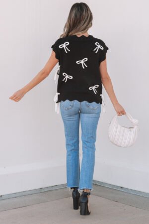 Black Bow Print Side Ties Scalloped Hem Sweater T Shirt - Image 5