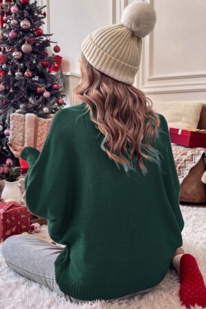 Blackish Green Merry Letter Embroidered High Neck Sweater - Image 3