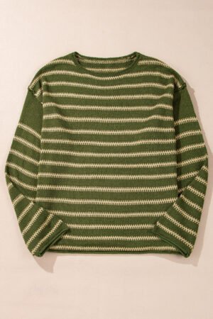 Green Stripe Drop Shoulder Casual Sweater - Image 5