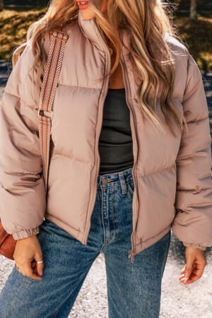 Apricot Pink Full Zipper Quilted Puffer Jacket - Image 5
