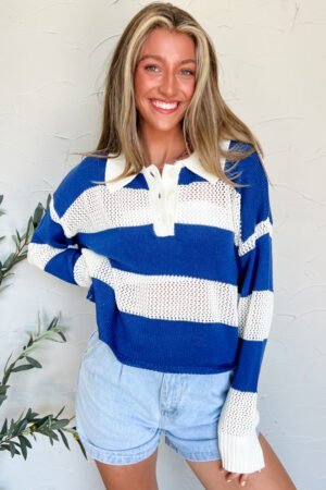 Blue Stripe Colorblock Polo Collar Eyelet Crochet Knitted Sweater - Image 5