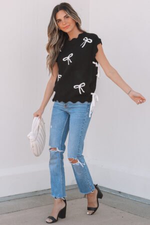 Black Bow Print Side Ties Scalloped Hem Sweater T Shirt - Image 4