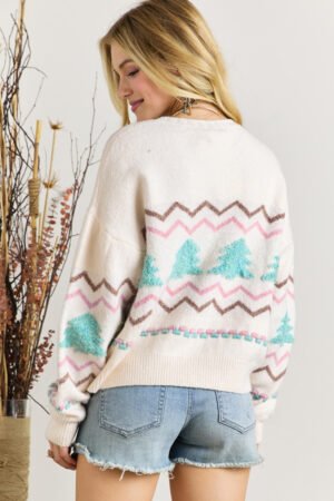 White Striped Christmas Tree Ribbed Trim Drop Shoulder Sweater - Image 3