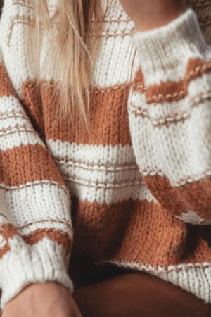 White Striped Knit Puff Sleeve Casual Sweater - Image 4