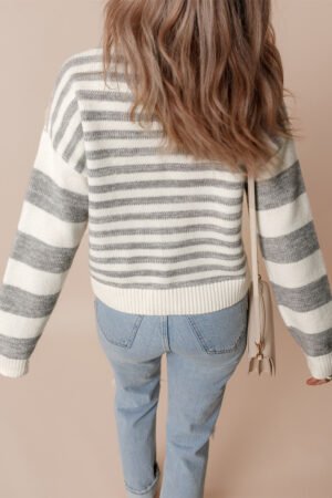 Gray Stripe Drop Shoulder Crew Neck Sweater - Image 3