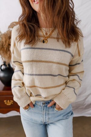 Multicolour Striped Ribbed Edge Drop Shoulder Sweater - Image 5