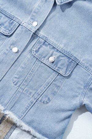 Khaki Plaid Patchwork Buttoned Oversized Denim Jacket - Image 7