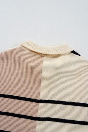 Khaki Stripe Color Block Quarter Zip Collar Short Sleeve Sweater Dress - Image 8
