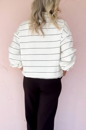 White Zip V Neck Casual Stripe Print Drop Shoulder Long Sleeve Top - Image 3