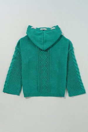 Sea Green Cable Knit V Neck Contrast Drawstring Hooded Sweater - Image 6