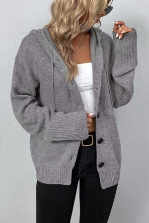 Medium Grey Drawstring Hooded Button Up Drop Shoulder Sweater Cardigan - Image 4