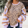 Purple Stripe Color Block Patchwork Leopard Casual Sweatshirt with Slits