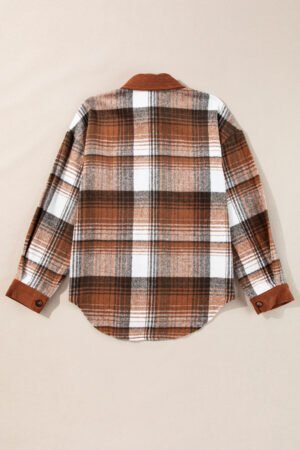 Cinnamon Plaid Corduroy Patchwork Chest Pocket Shacket - Image 6