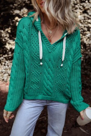 Sea Green Cable Knit V Neck Contrast Drawstring Hooded Sweater - Image 4