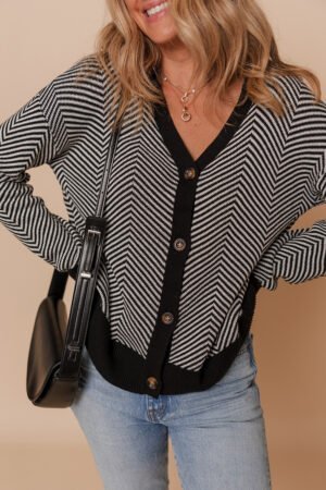 White Stripe Buttoned Front V Neck Herringbone Cardigan - Image 4