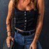 Black Acid Wash Buttoned Cropped Slim Denim Tank Top
