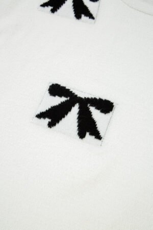 White Bow Pattern Knit Short Sleeve Sweater - Image 8