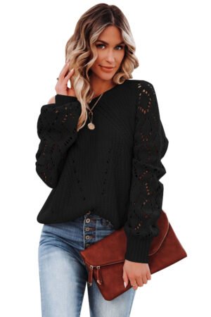Black Hollow-out Puffy Sleeve Knit Sweater - Image 6