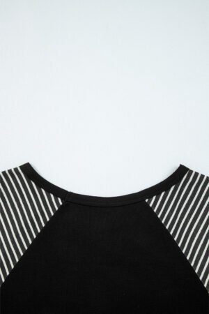 Black Contrast Print Striped Raglan Long Sleeve Loose Top - Image 5