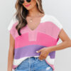 Pink Color Block Notch V Neck Sweater T Shirt