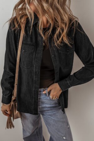Black Flap Pocket Buttons Collared Jean Jacket - Image 2