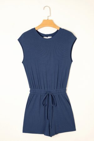 Ashleigh Blue Knit Open Back Cap Sleeve Drawstring Elastic Waistband Romper - Image 6