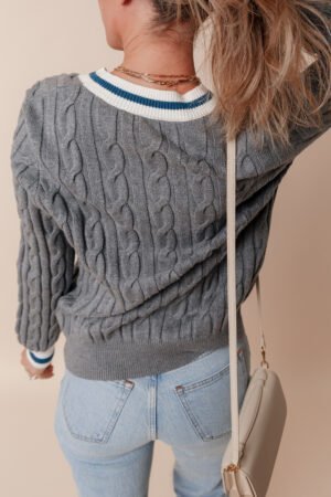 Medium Grey Color Contrast Ribbed Edge Cable Knit V Neck Sweater - Image 3