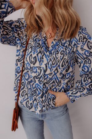 Blue Bohemian Print Embroidered V Neckline Detail Long Sleeve Shirt - Image 6