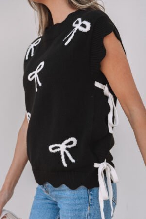 Black Bow Print Side Ties Scalloped Hem Sweater T Shirt - Image 2