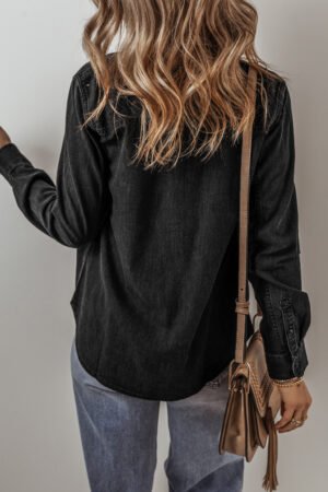 Black Flap Pocket Buttons Collared Jean Jacket - Image 3