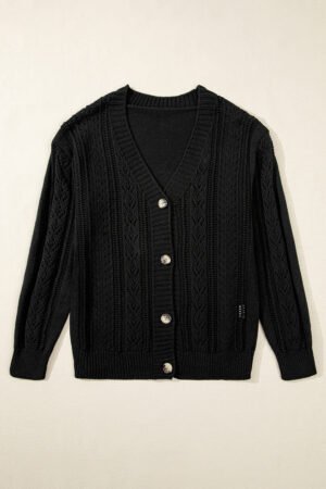 Black Open Knit Drop Shoulder Sweater Cardigan - Image 3