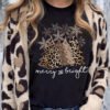 Black Leopard Christmas Tree Graphic Crew Neck T Shirt
