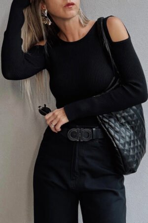 Black Ribbed Knit Cold Shoulder Sweater - Image 3