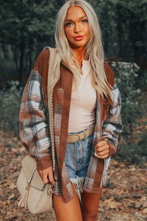 Cinnamon Plaid Corduroy Patchwork Chest Pocket Shacket - Image 4