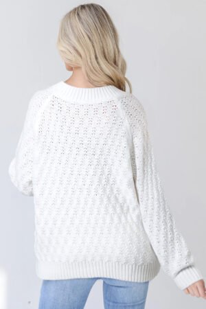 White Textured Knit Ribbed Edge V Neck Loose Sweater - Image 2