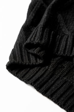 Black Cable Knit Colorblock Satin Bowknot Short Sleeve Sweater - Image 7