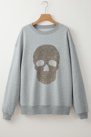 Light Grey Rhinestone Skull Graphic Drop Shoulder Sweatshirt - Image 8