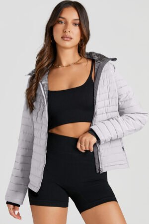 Silvery Solid Color Quilted Zip-up Puffer Jacket - Image 3
