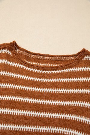 Brown Stripe Drop Shoulder Casual Sweater - Image 6