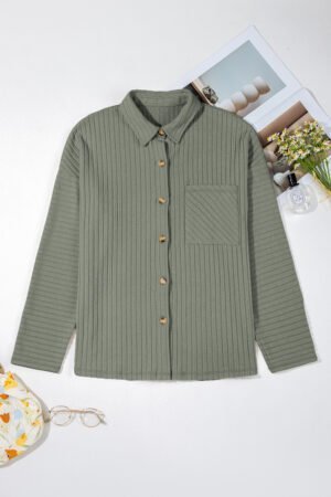 Mist Green Thermal Ribbed Texture Drop Shoulder Button Up Shacket - Image 5