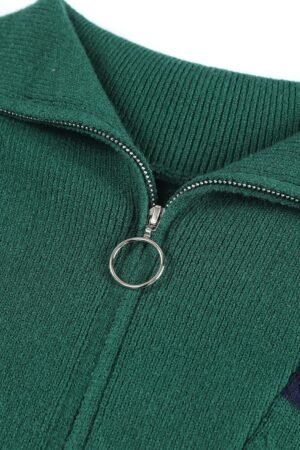 Green Striped O-ring Zip Collared Loose Sweater Mini Dress - Image 6