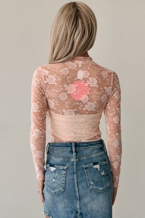 Apricot Pink Sheer Floral Lace Mesh Mock Neck Long Sleeve Top - Image 2