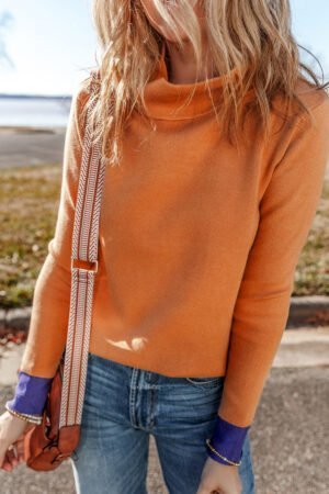 Straw Yellow Color Contrast Edge Mock Neck Slim Fit Sweater - Image 3