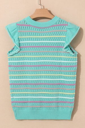 Green Colorful Striped Eyelet Knit Ruffled Sleeve Sweater T Shirt - Image 5