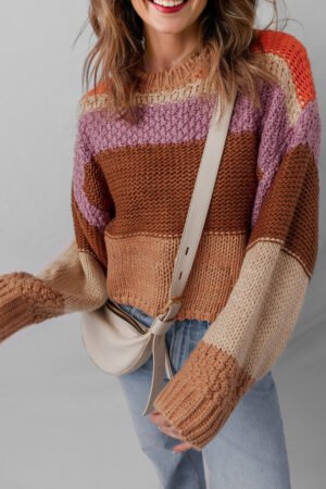 Multicolour Cropped Colorblock Drop Shoulder Knitted Sweater - Image 4