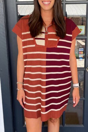Brown Stripe Color Block Quarter Zip Collar Short Sleeve Sweater Dress - Image 3