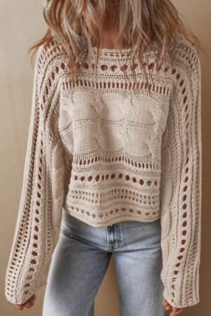 Smoke Gray Hollow-out Cable Knit Cropped Sweater - Image 4