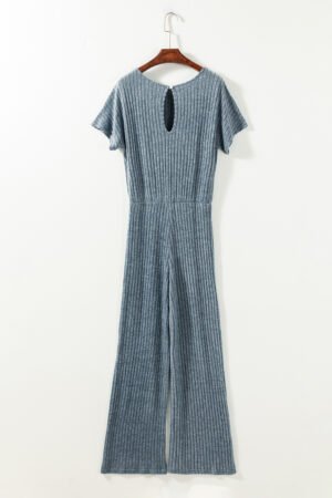 Dusk Blue Ribbed Keyhole Short Sleeve Wide Leg Jumpsuit - Image 5