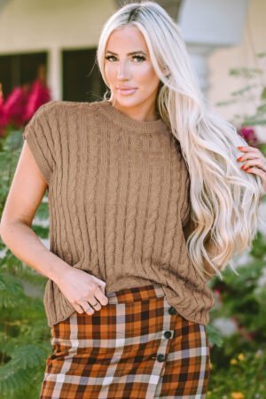 Light French Beige Crew Neck Cable Knit Short Sleeve Sweater - Image 4